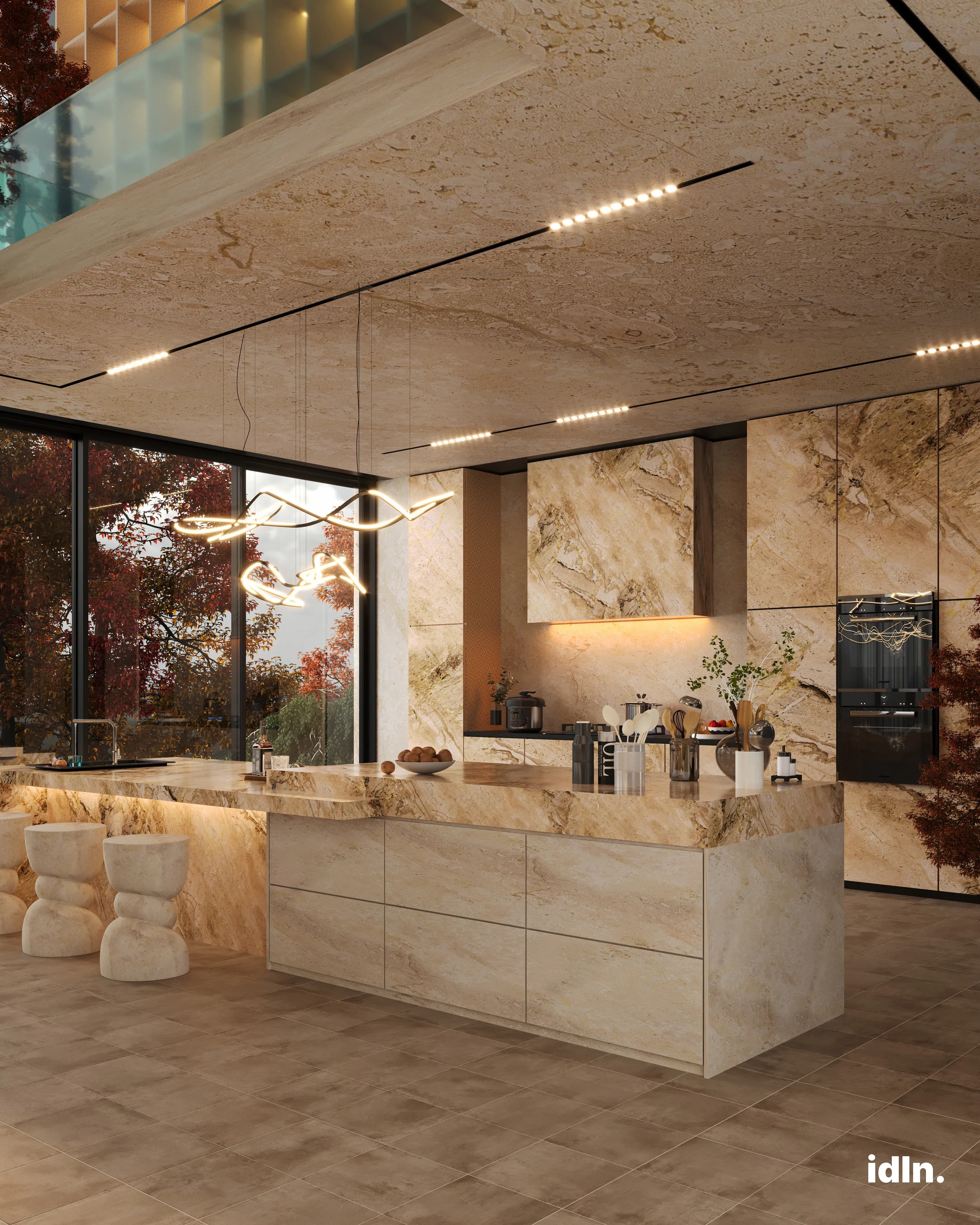 This is a picture of a stone kitchen, neutral color palette, line chandelier