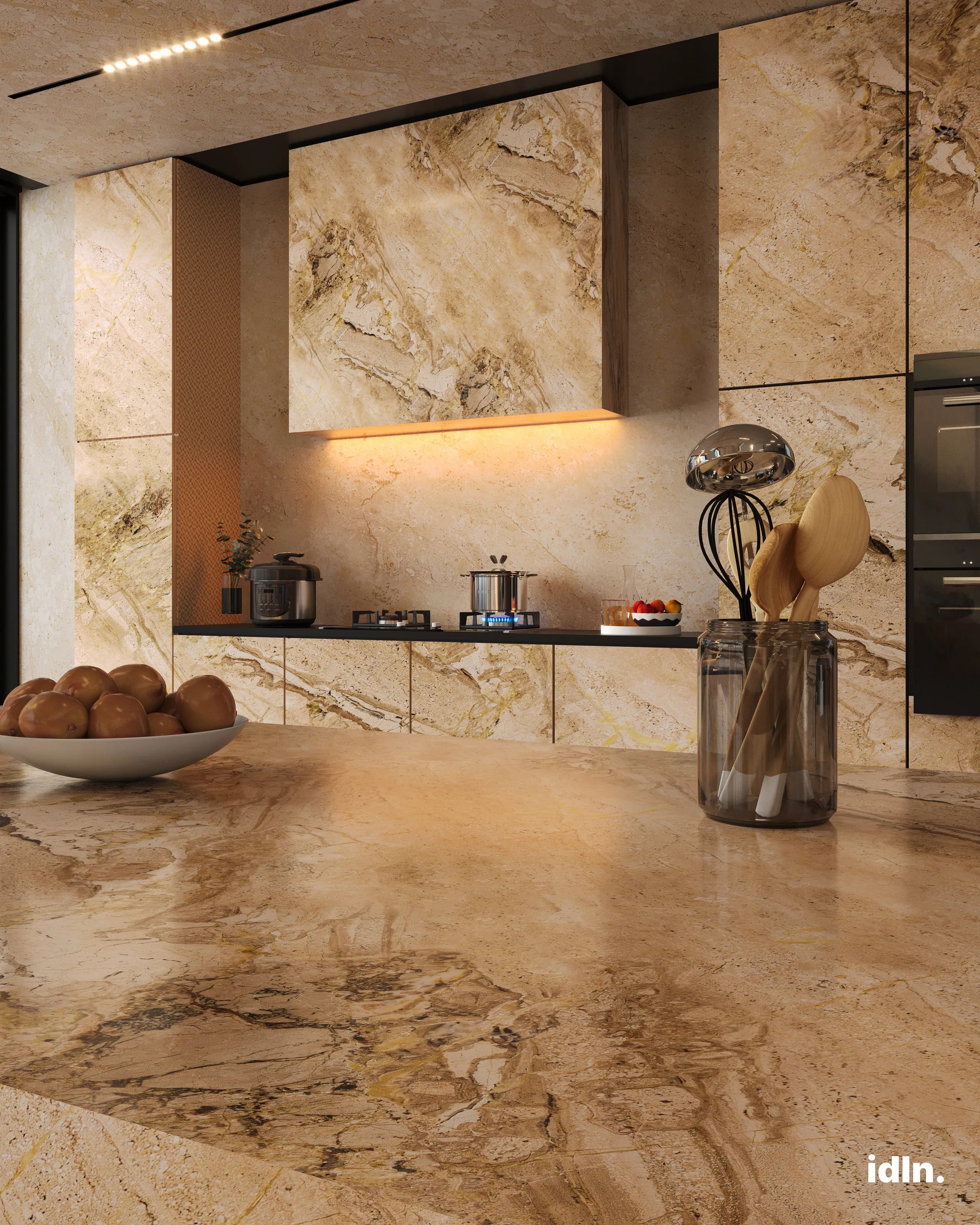 This is a picture of a stone kitchen, neutral color palette, line chandelier