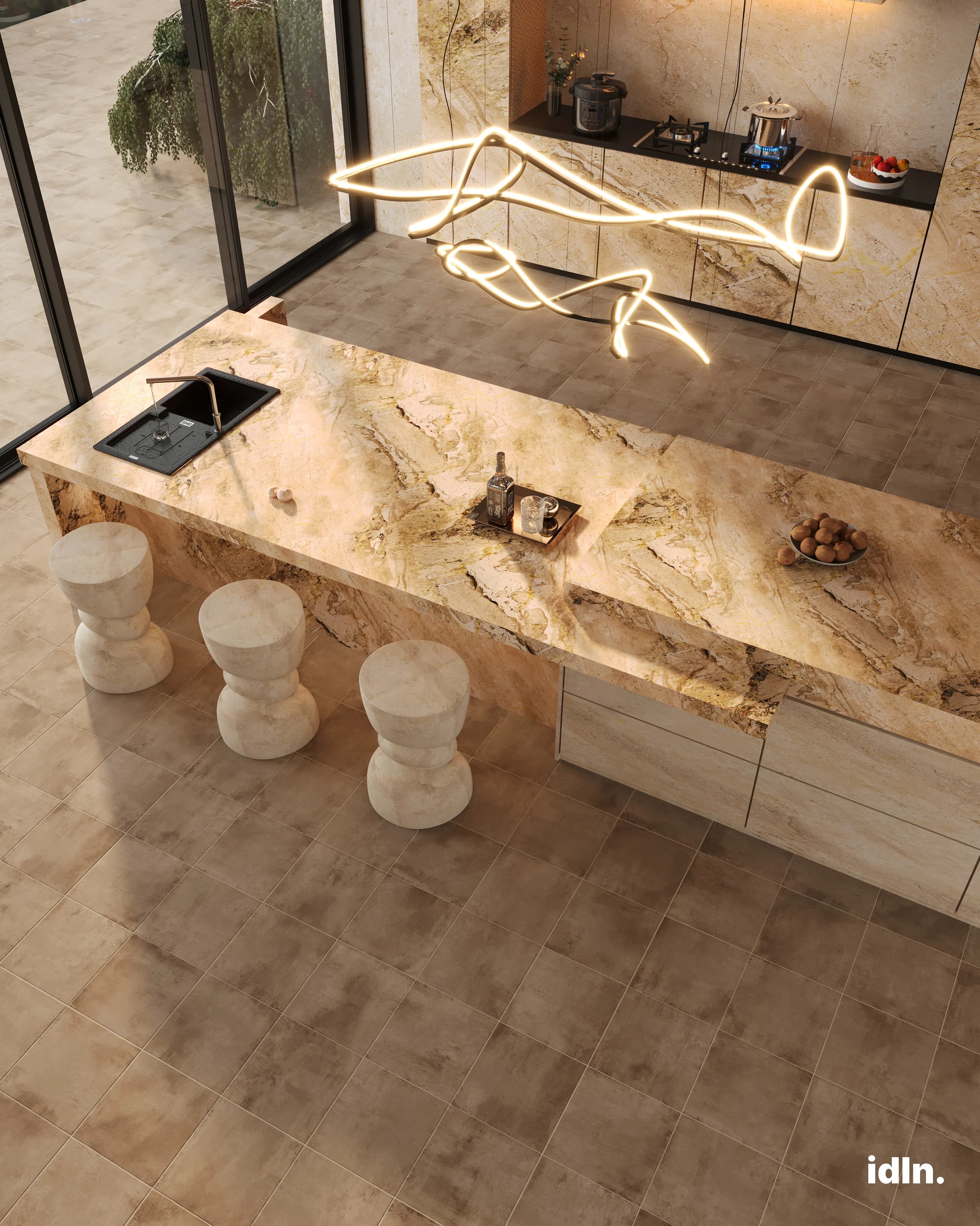 This is a picture of a stone kitchen, neutral color palette, line chandelier