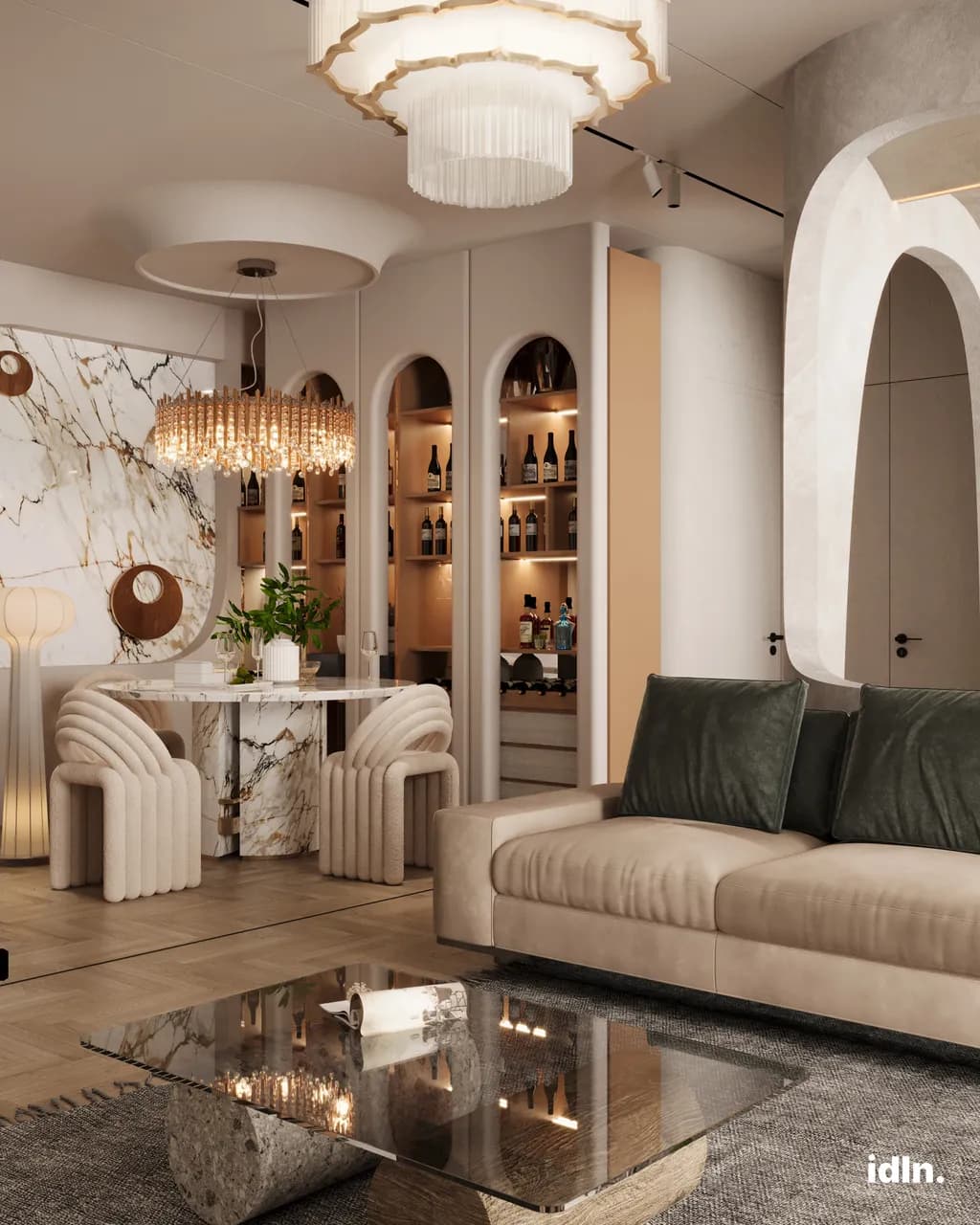 This is a wabisabi open concept living and dining area, wabisabi japanese interior design style