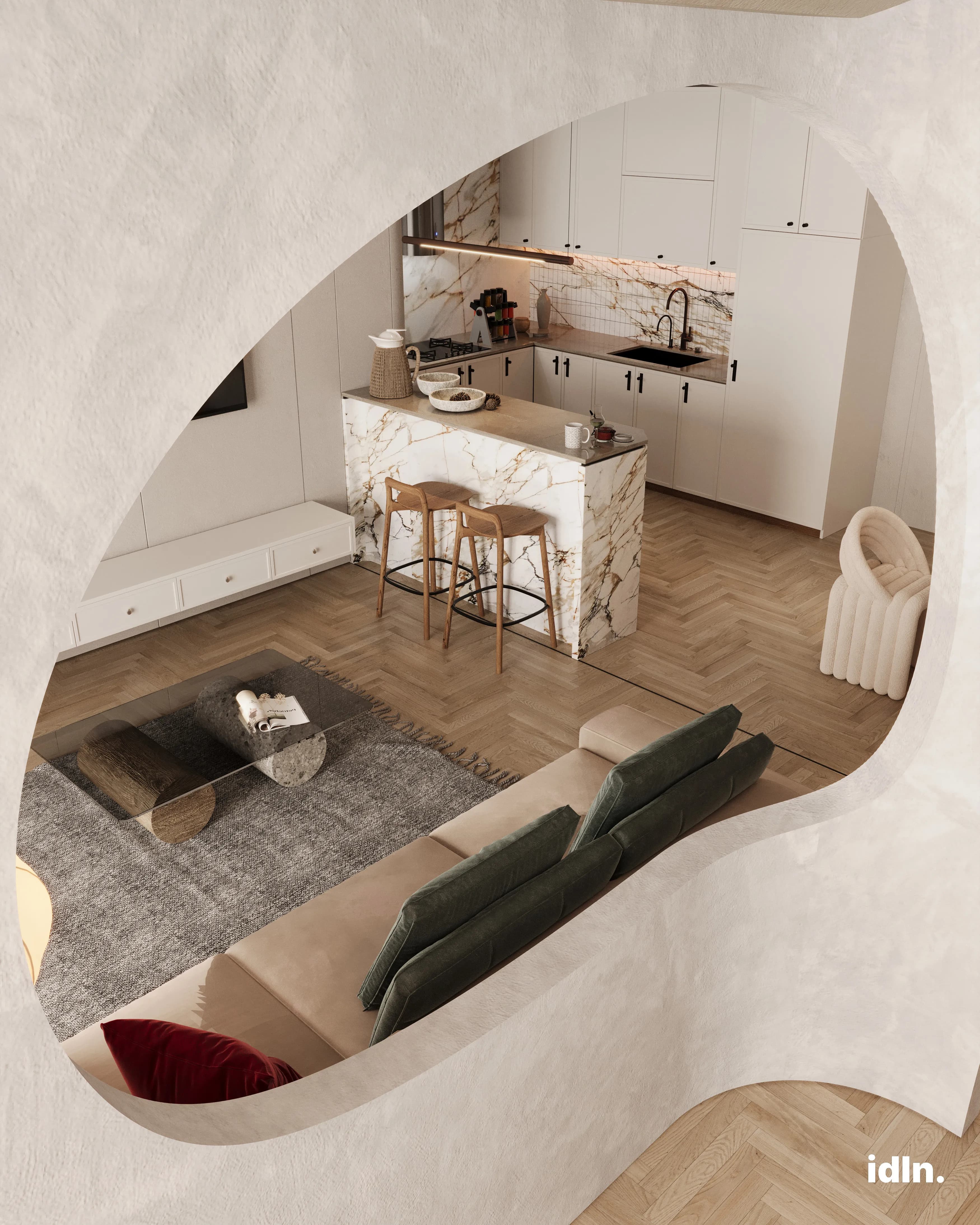 This is a wabisabi open concept living and dining area, wabisabi japanese interior design style