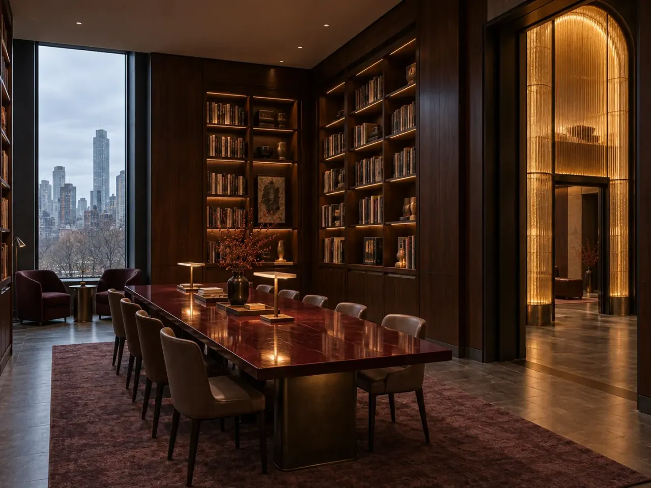 Concept render of the Ember Archive library with an oxblood table, cherry shelving and amber lantern beyond
