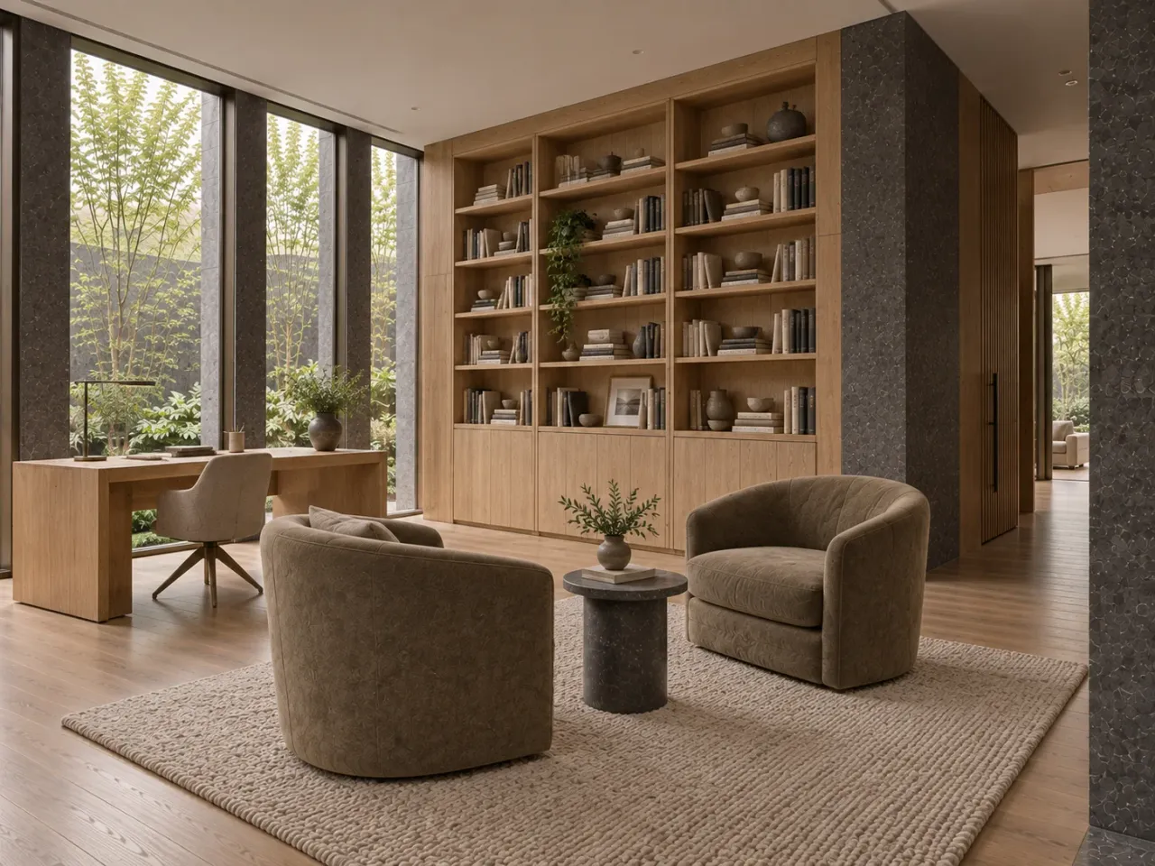 Verdant Kerf House concept render: Reverse studio view shows the oak shelves, desk, reading chairs, and garden glazing