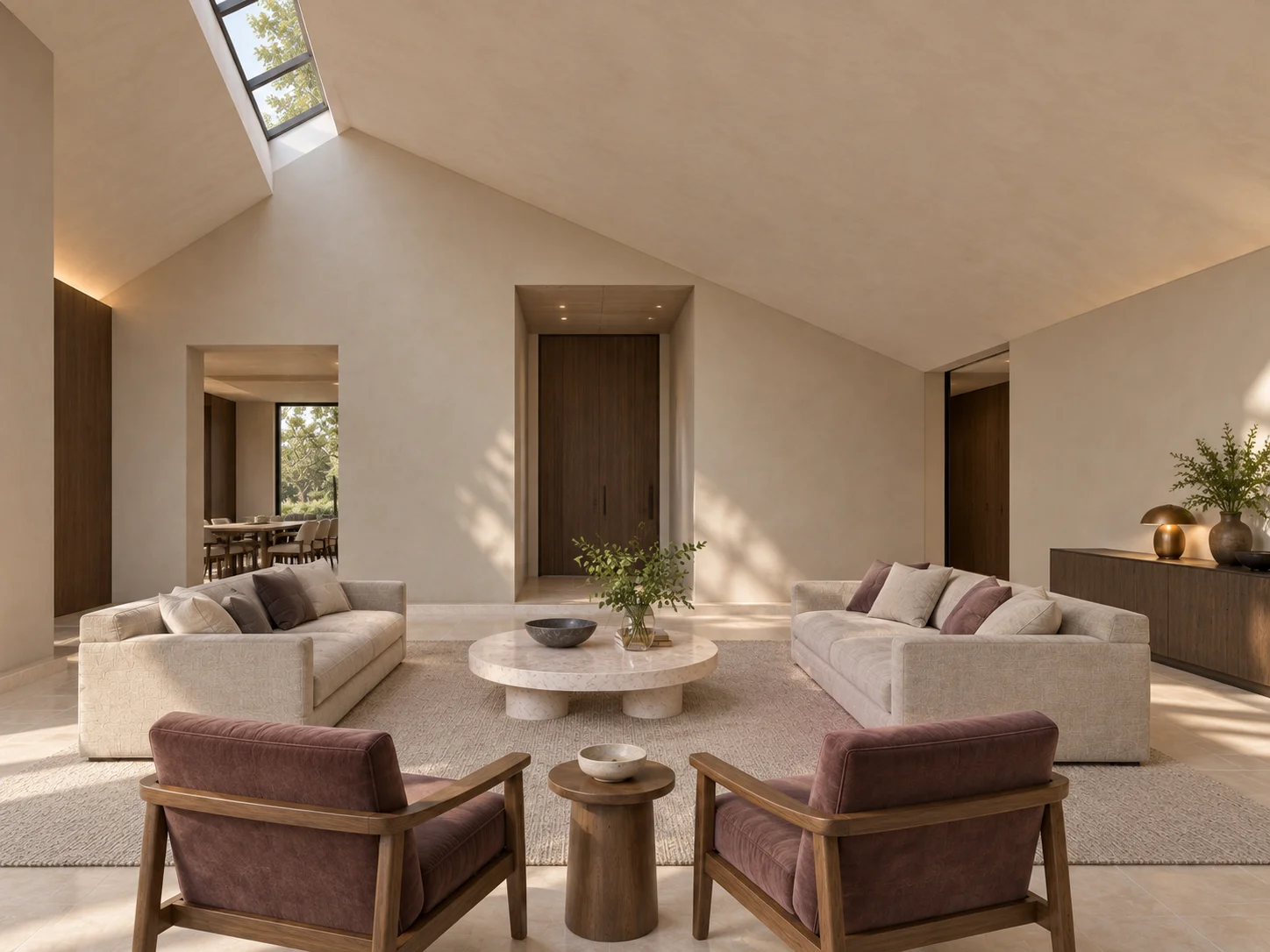 Lightfold Hall concept visualization: opposing hall view toward the timber entrance and low furniture group