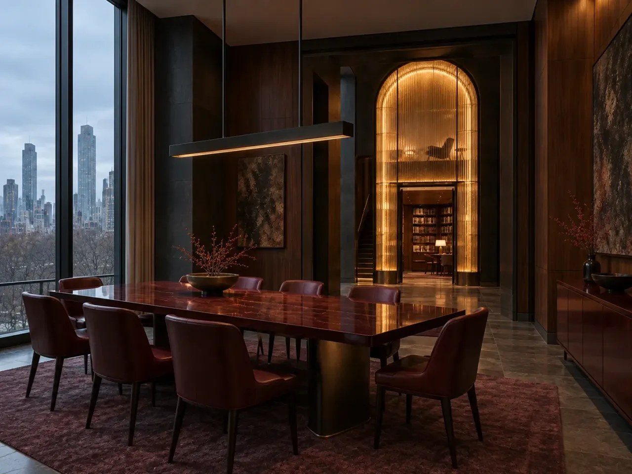 Concept render of the Supper Salon with dark cherry dining table, oxblood chairs and amber arch beyond
