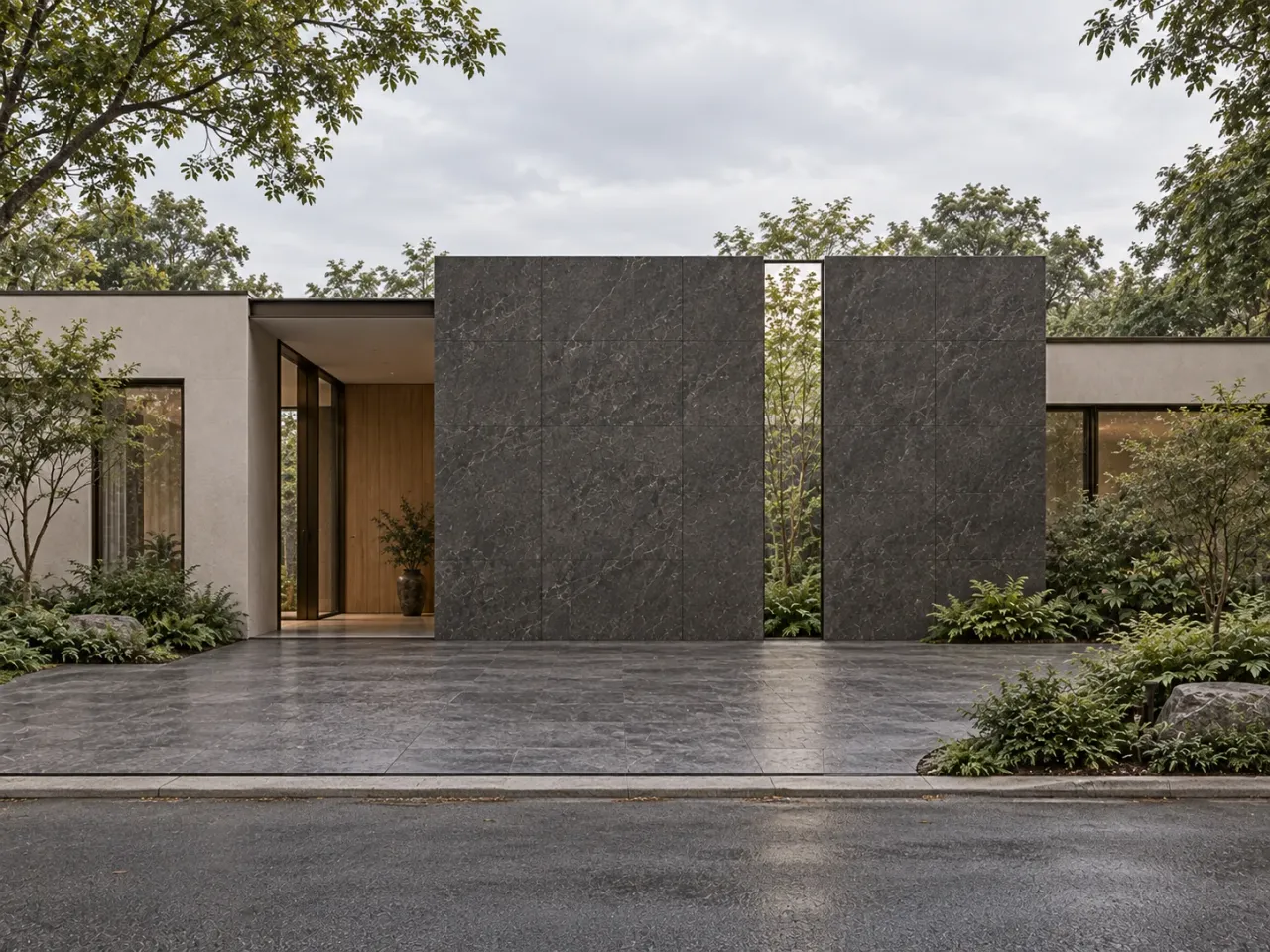 Verdant Kerf House concept render: Front elevation centres the charcoal wall and its single planted slit