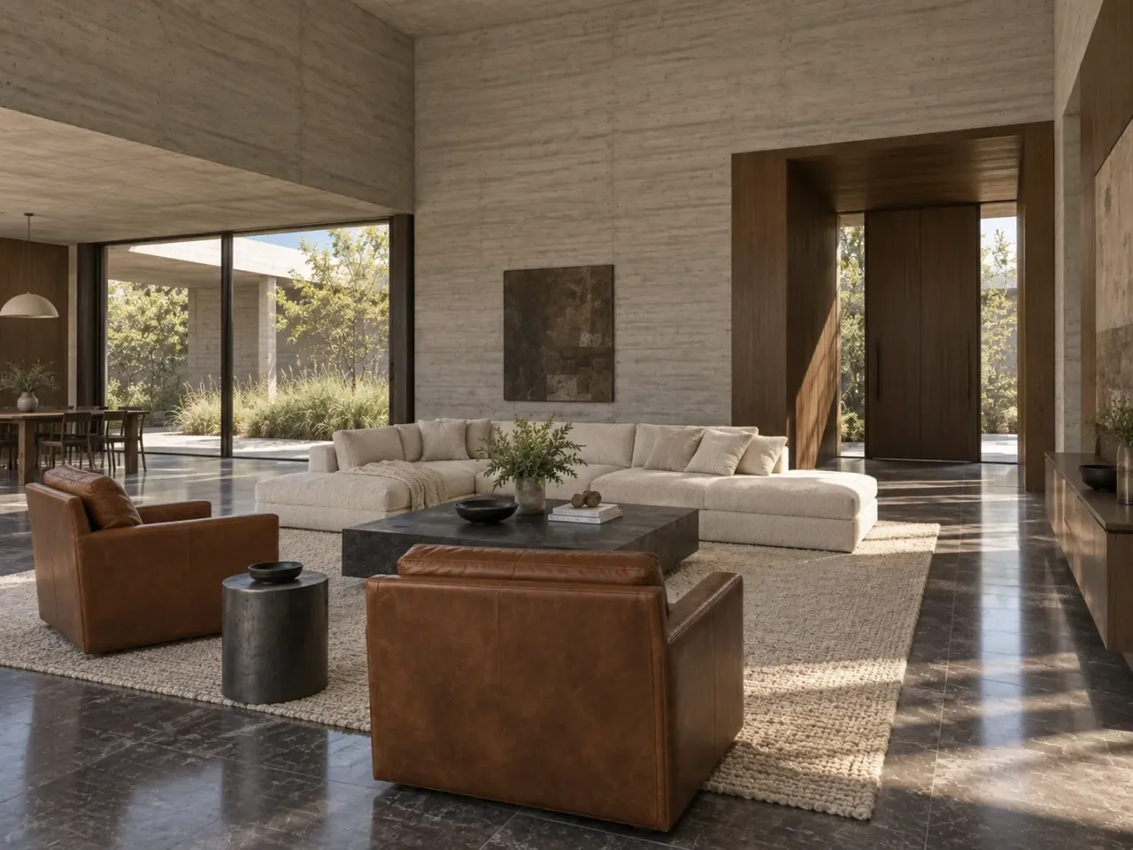 Concept render across leather chairs to the salon sofa and oak entrance portal