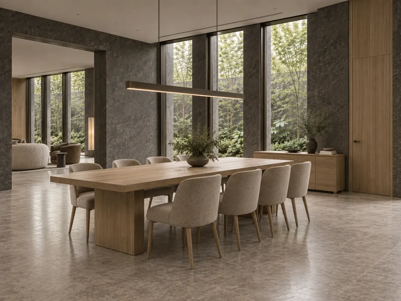 Verdant Kerf House concept render: Pale oak dining table, upholstered chairs, and slim pendant face a planted garden