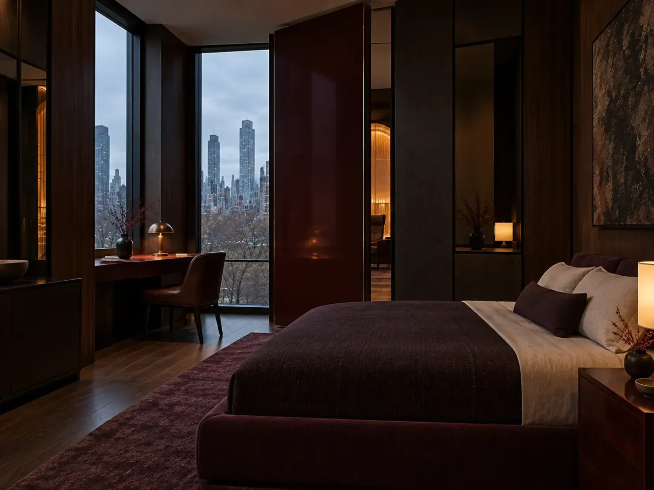 Concept render of the Night Study Suite with aubergine bed, writing shelf and oxblood pivot screen