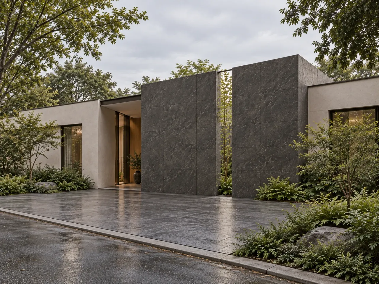 Verdant Kerf House concept render: Three-quarter street view shows the dark stone entry wall between pale wings