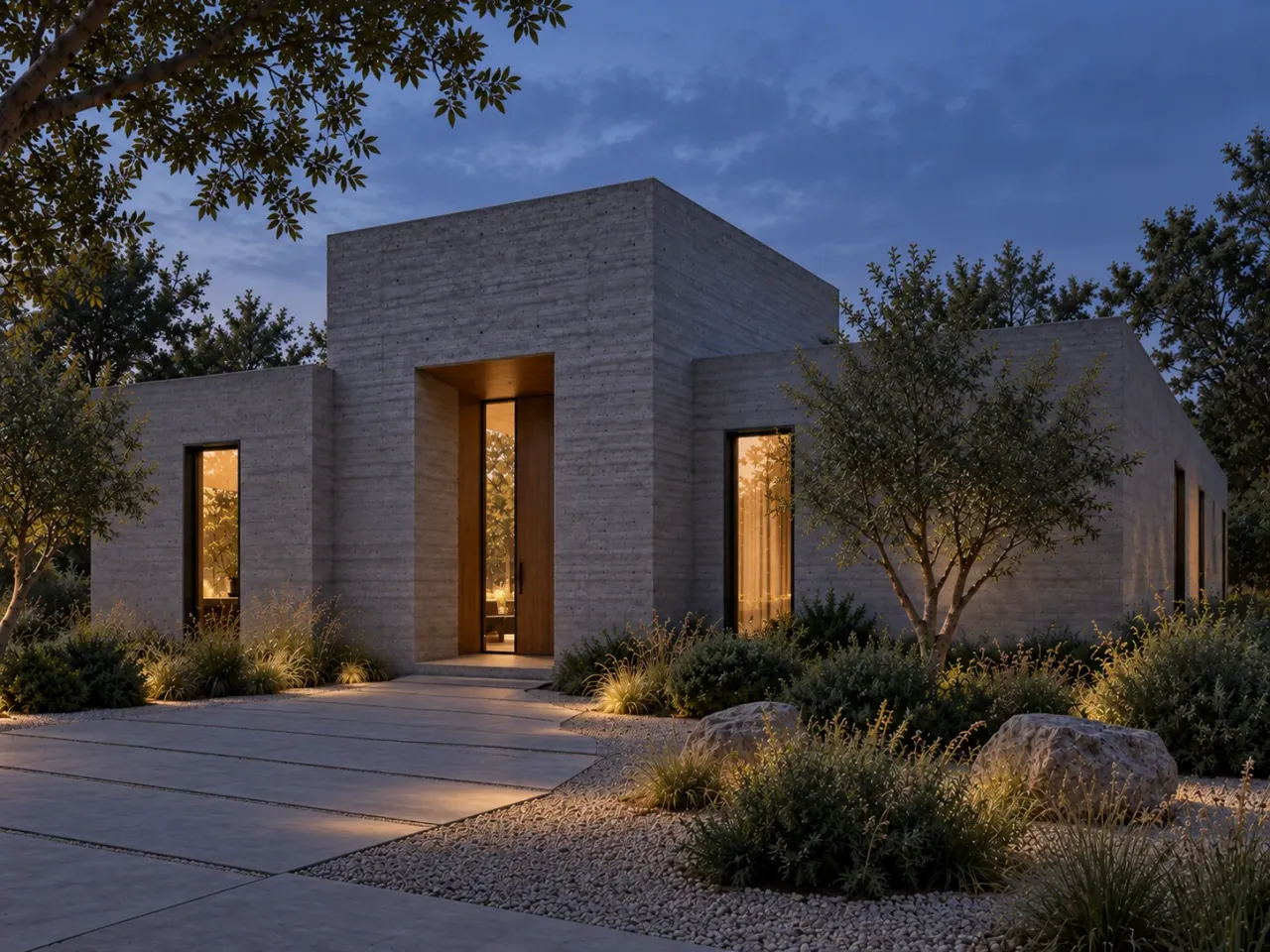 Concept visualization of Shadow Bench House, 12 exterior twilight evening
