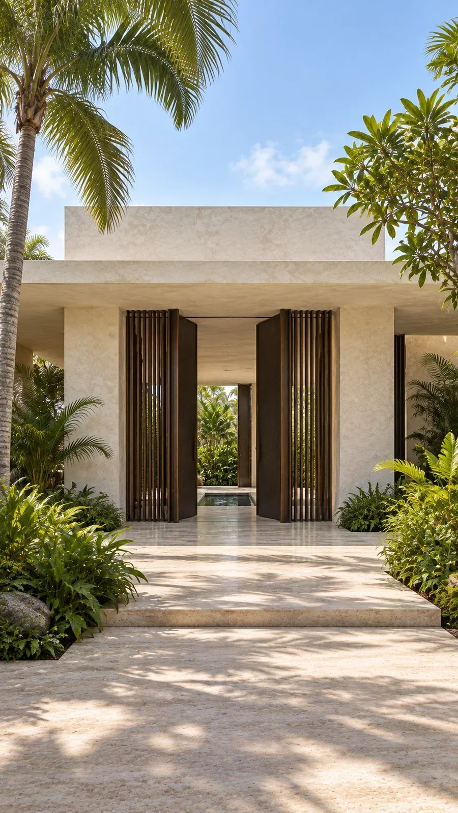 Concept render of the tropical house arrival elevation with bronze pivot screens
