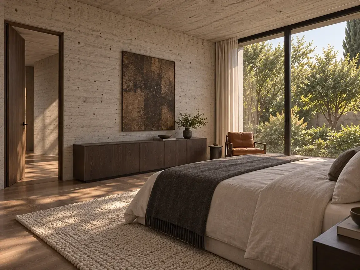Opposing concept render of the Rest Suite toward its oak storage and offset entry
