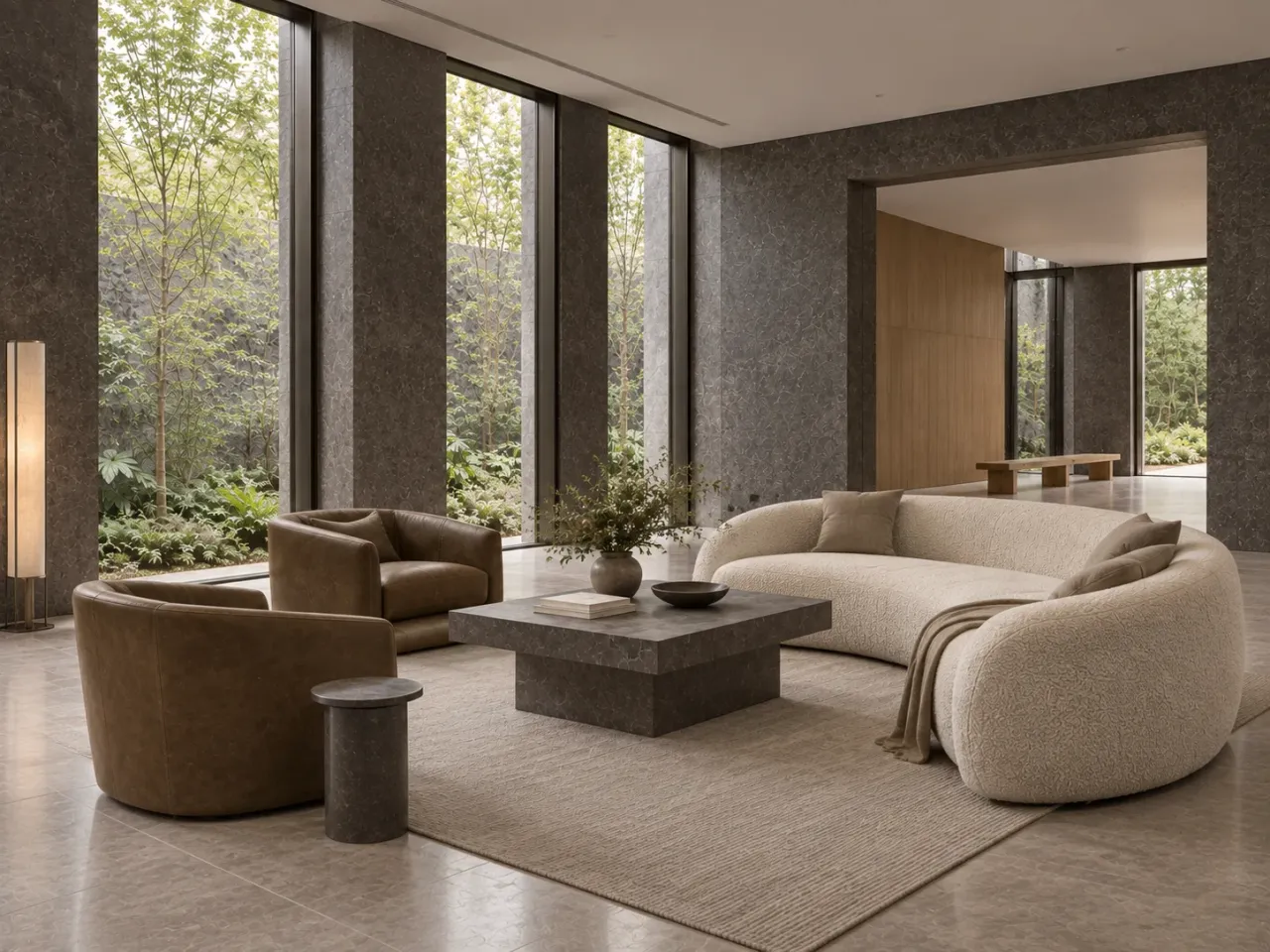 Verdant Kerf House concept render: Reverse salon view relates the curved sofa and leather chairs to the arrival opening
