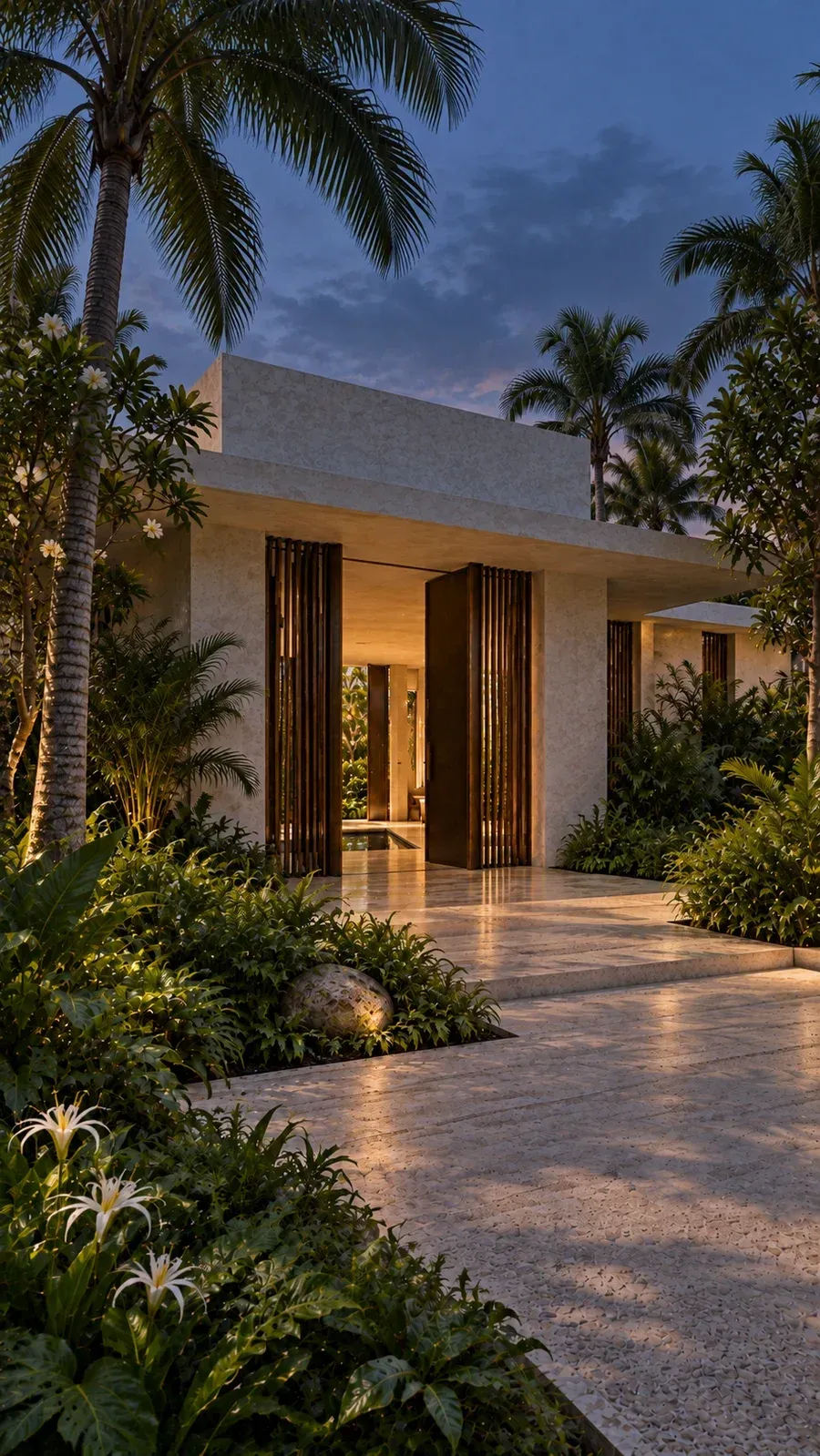 Concept render of the planted arrival and warm threshold at twilight