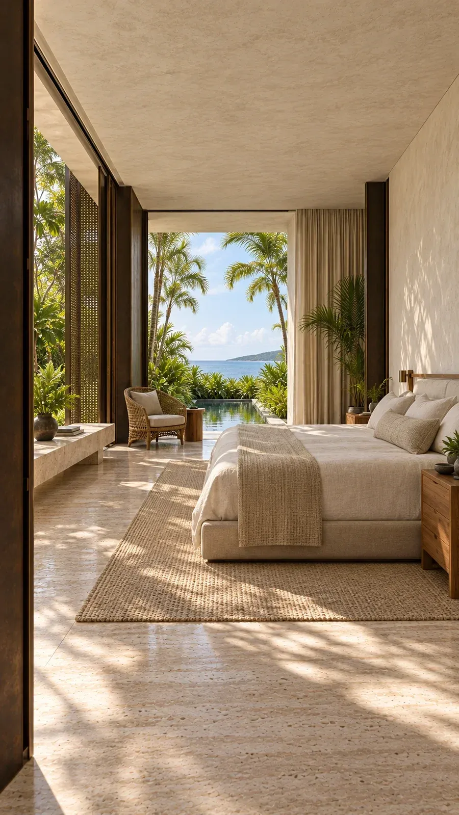 Concept render of the low bed in the primary suite facing a private water garden