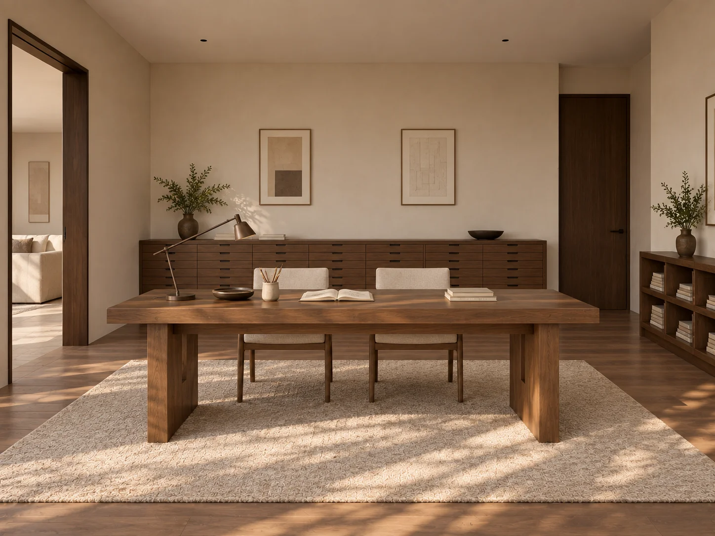Lightfold Hall concept visualization: reverse studio view with a long bank of shallow drawers