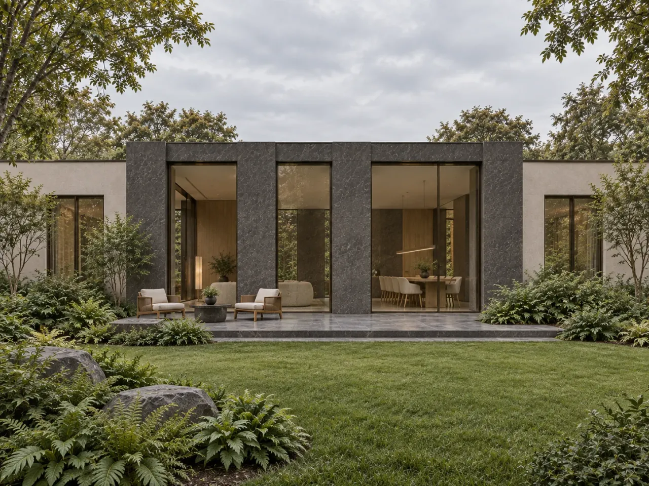 Verdant Kerf House concept render: Rear garden elevation opens the salon and dining rooms through broad glazing
