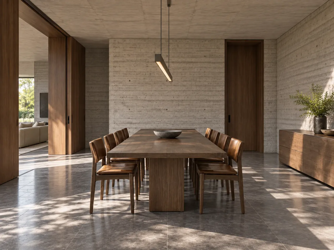 Concept visualization of Shadow Bench House, dining room opposing