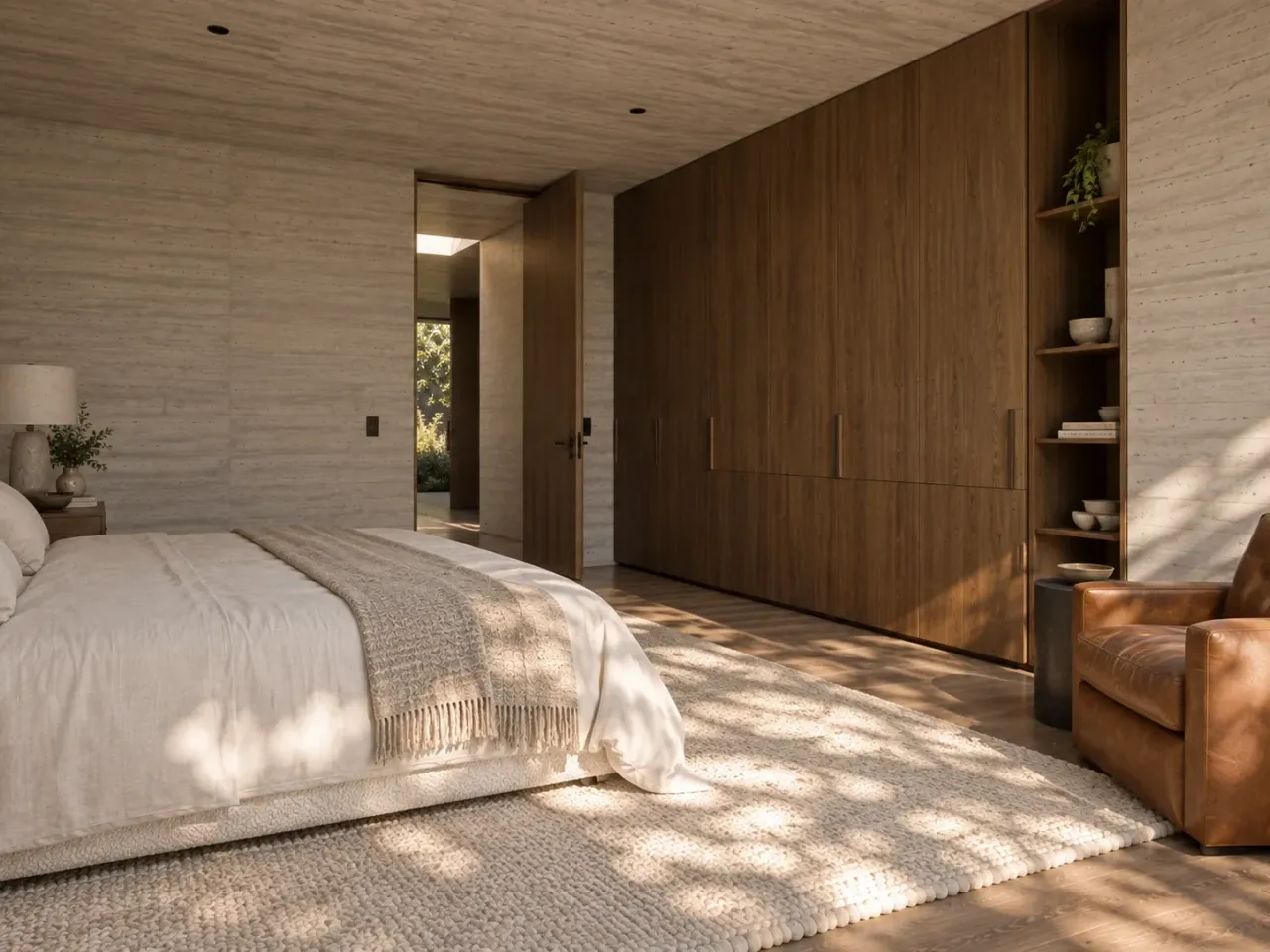 Concept render of the bedroom storage wall and offset entry beyond the bed