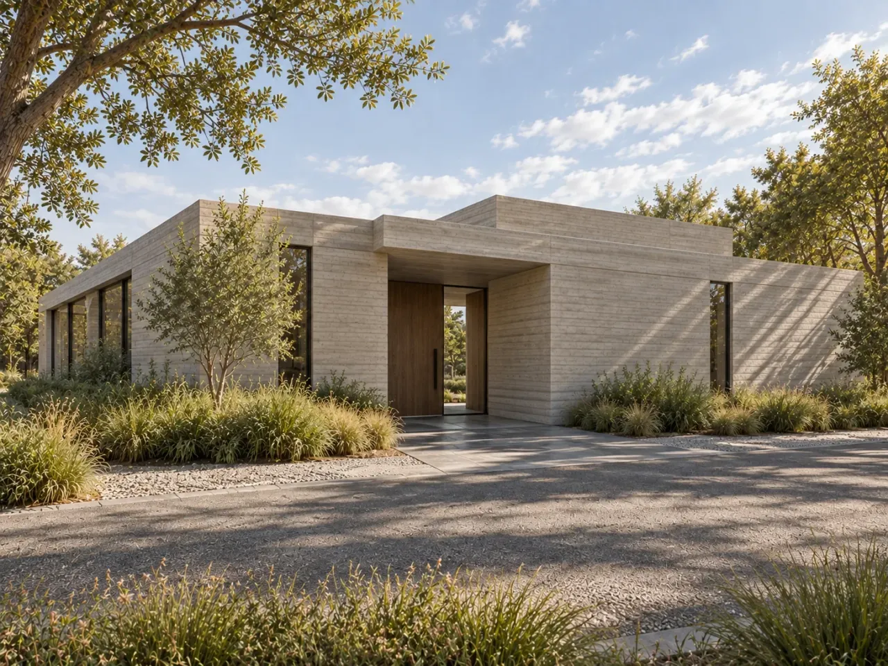 Concept render of the concrete entrance facade from a three-quarter street angle