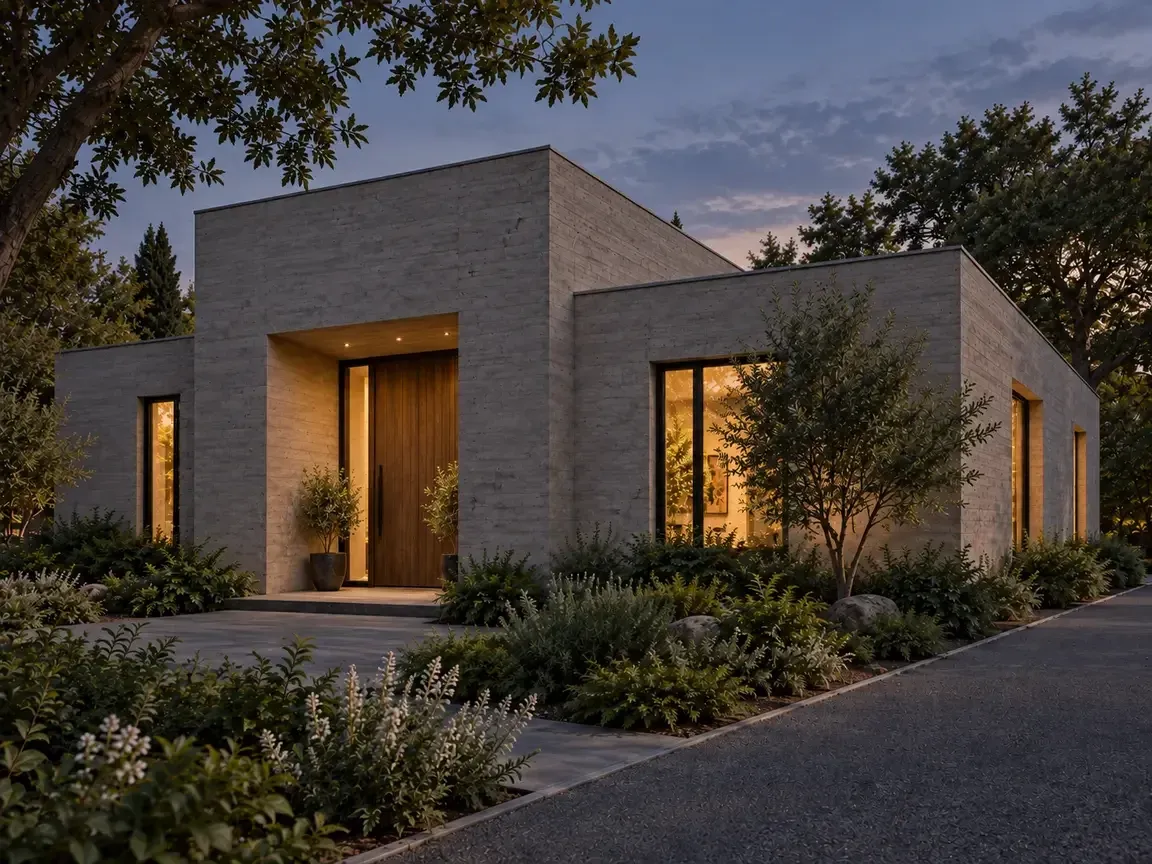 Twilight concept render of the same concrete residence with interior lights visible