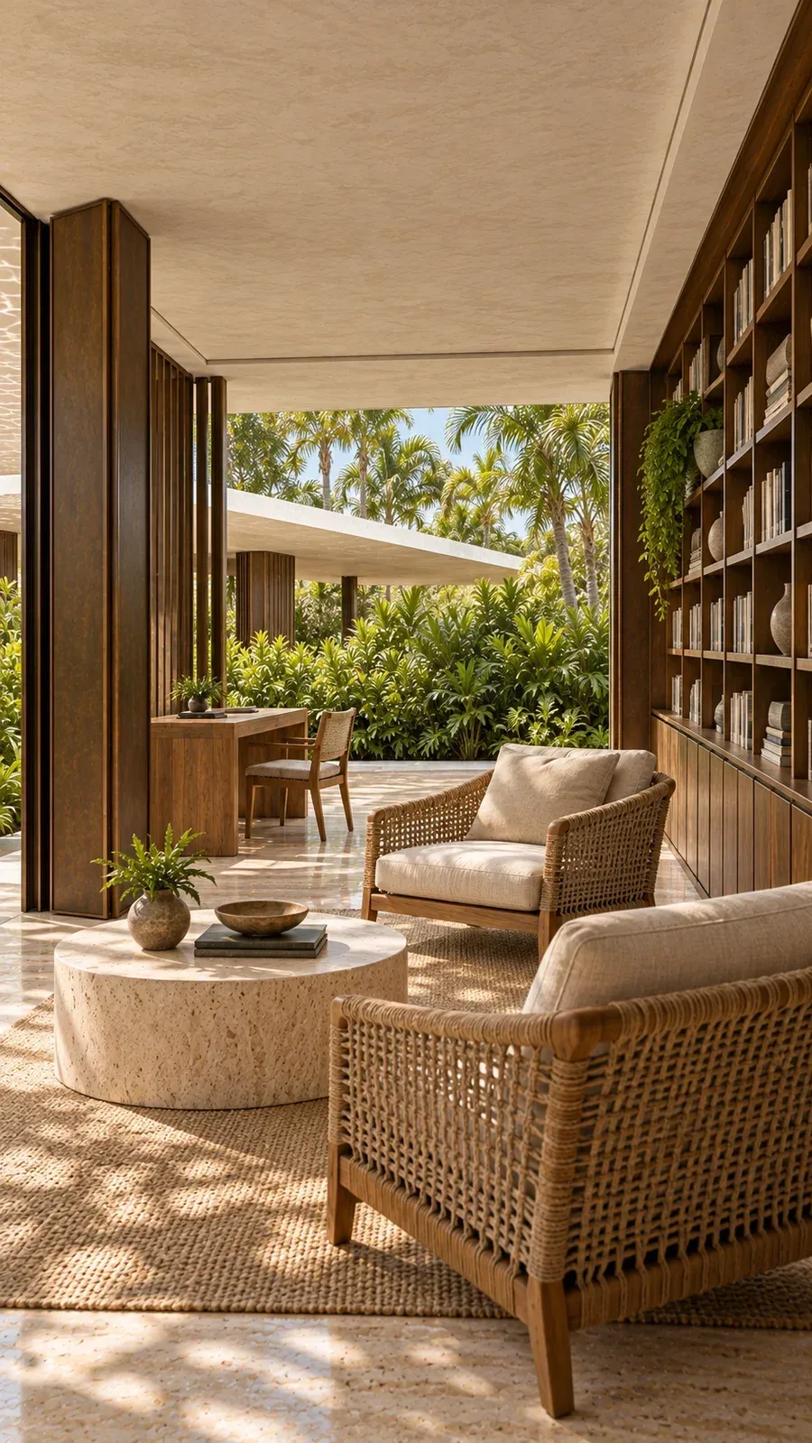 Concept render of the reading loggia with desk, chairs and planted court