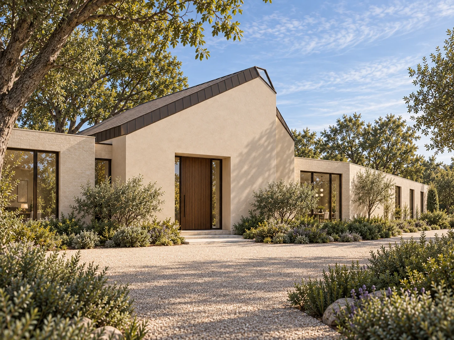 Lightfold Hall concept visualization: street-side oblique view of the folded roof and low limestone wings