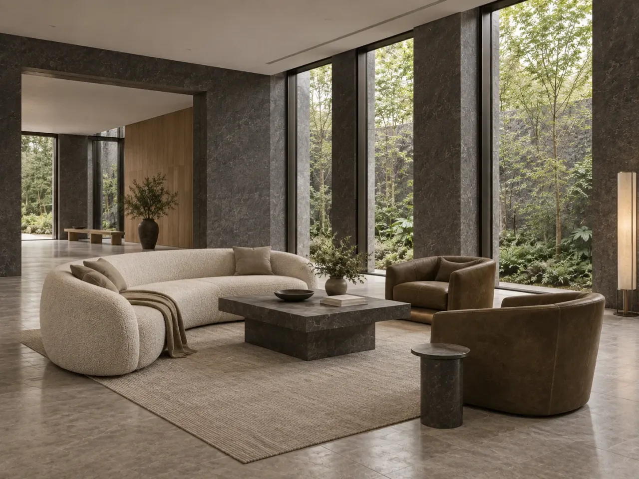 Verdant Kerf House concept render: Curved ivory salon sofa and brown lounge chairs face a dark table beside garden glazing