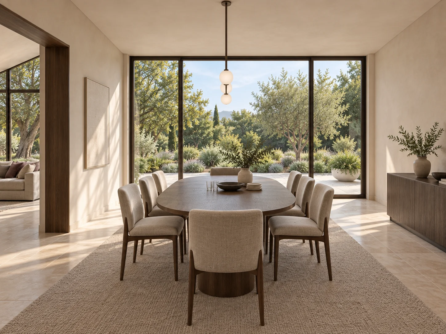Lightfold Hall concept visualization: dining room with an oval timber table, upholstered chairs and garden glazing