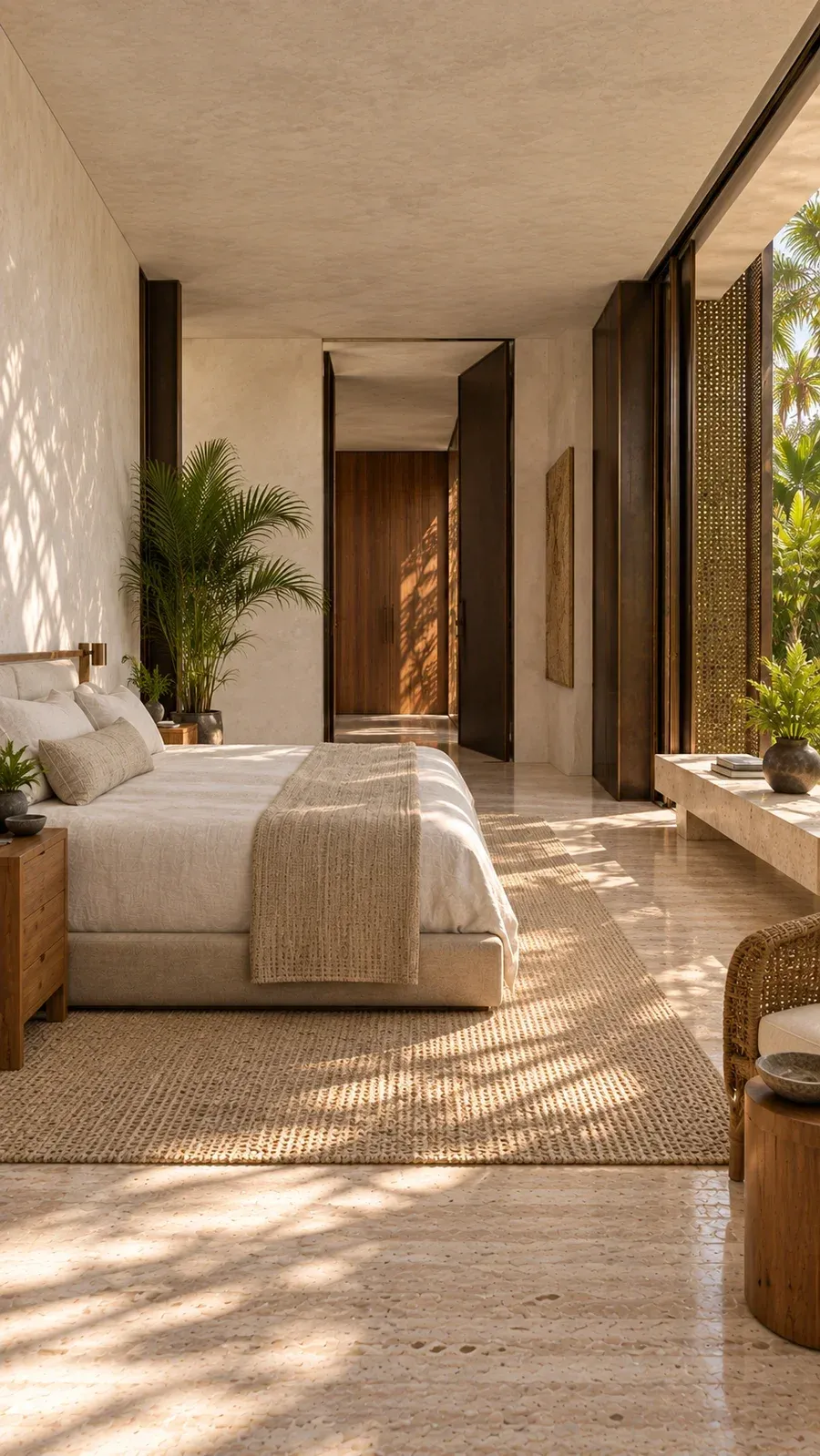 Concept render looking back across the primary suite bed toward its offset entrance