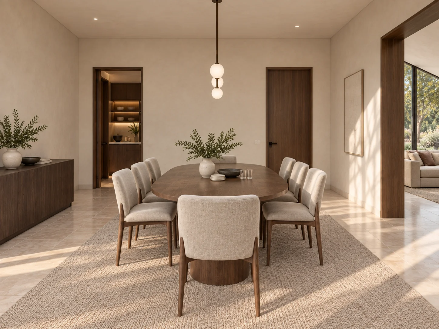 Lightfold Hall concept visualization: opposing dining view showing the sideboard, door and table