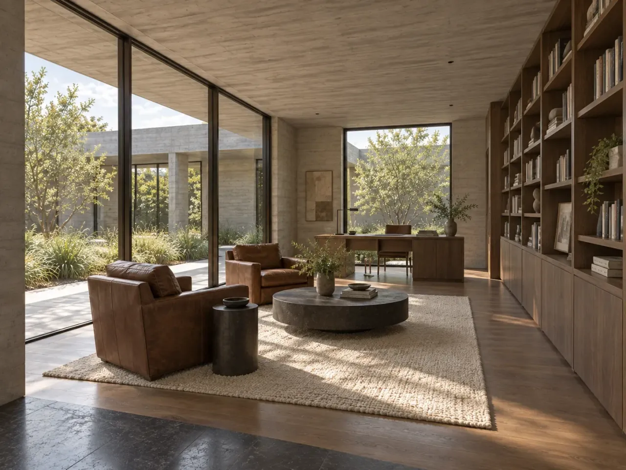 Concept render of oak bookcases, writing desk and leather chairs by the court