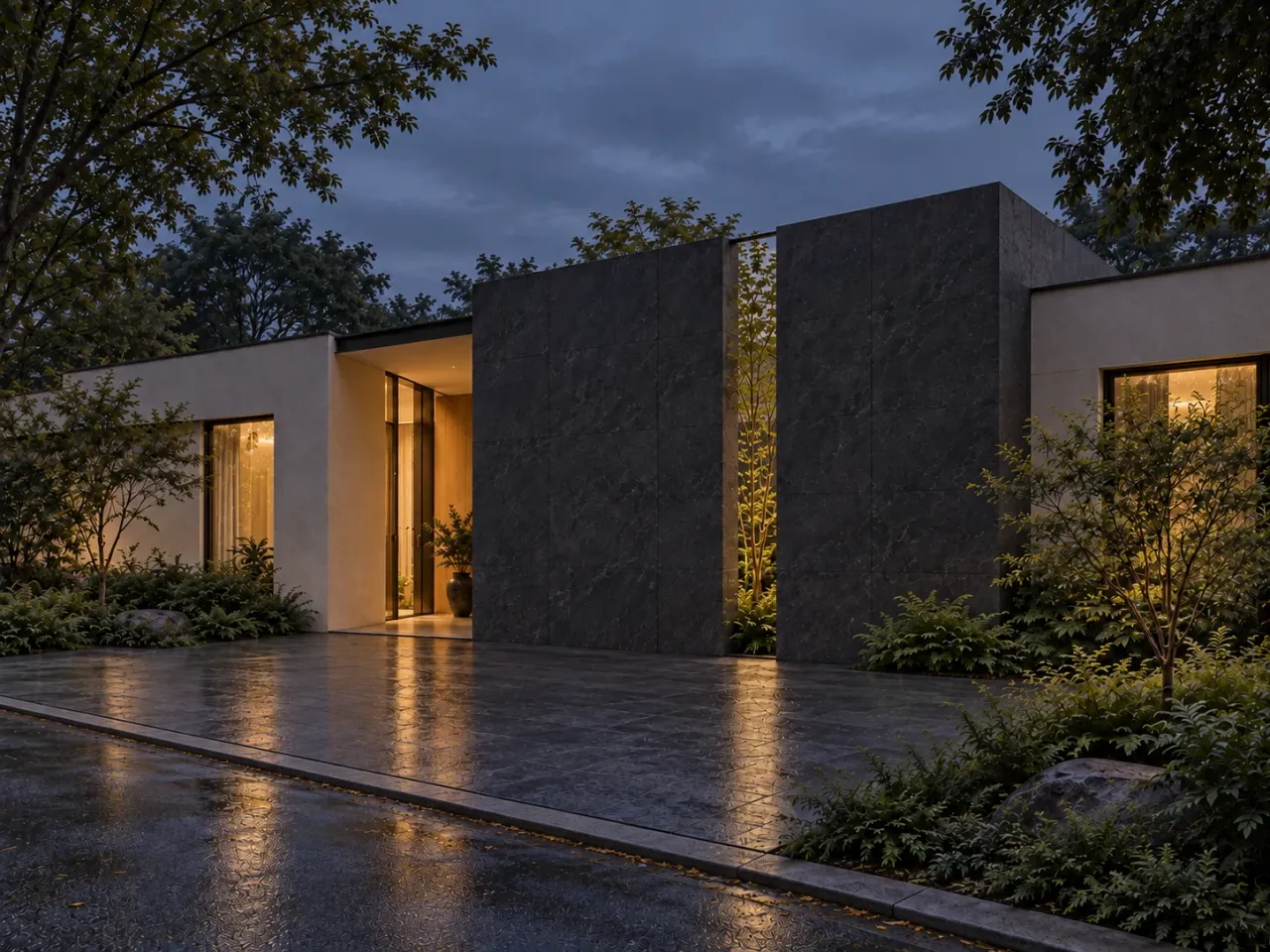 Verdant Kerf House concept render: Twilight street view shows warm window light around the planted stone slit