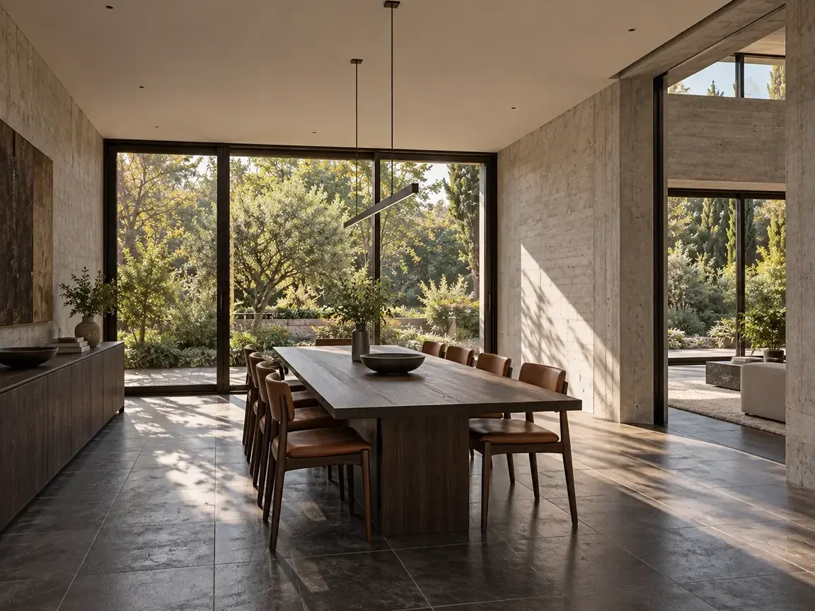 Concept render of the dining room with a long oak table and garden glazing