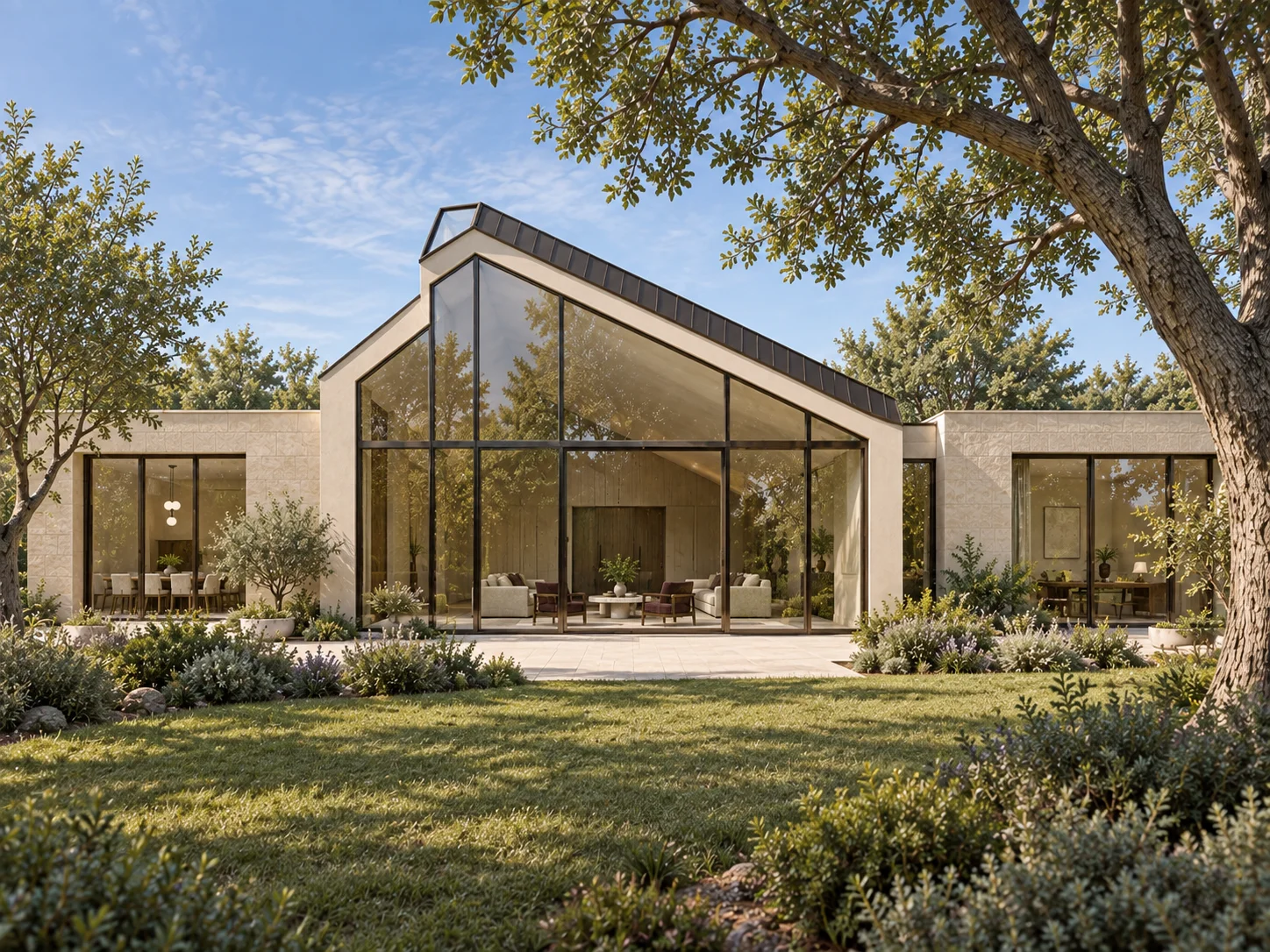 Lightfold Hall concept visualization: rear garden elevation with a glazed asymmetric hall and shallow terrace