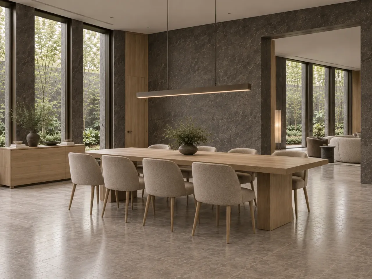 Verdant Kerf House concept render: Opposing dining view shows the table, sideboard, and opening toward the salon