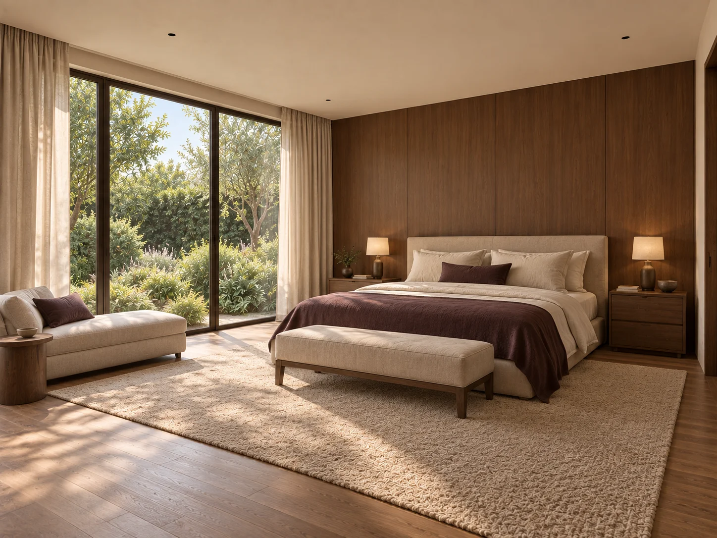 Lightfold Hall concept visualization: primary bedroom with an upholstered bed, aubergine coverlet and full-height curtains