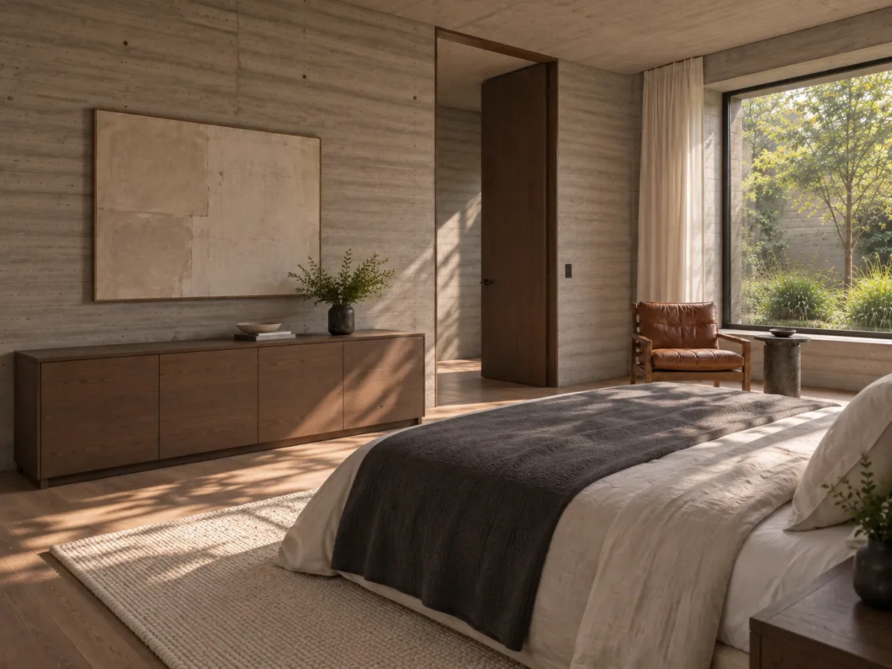 Concept visualization of Shadow Bench House, primary bedroom opposing
