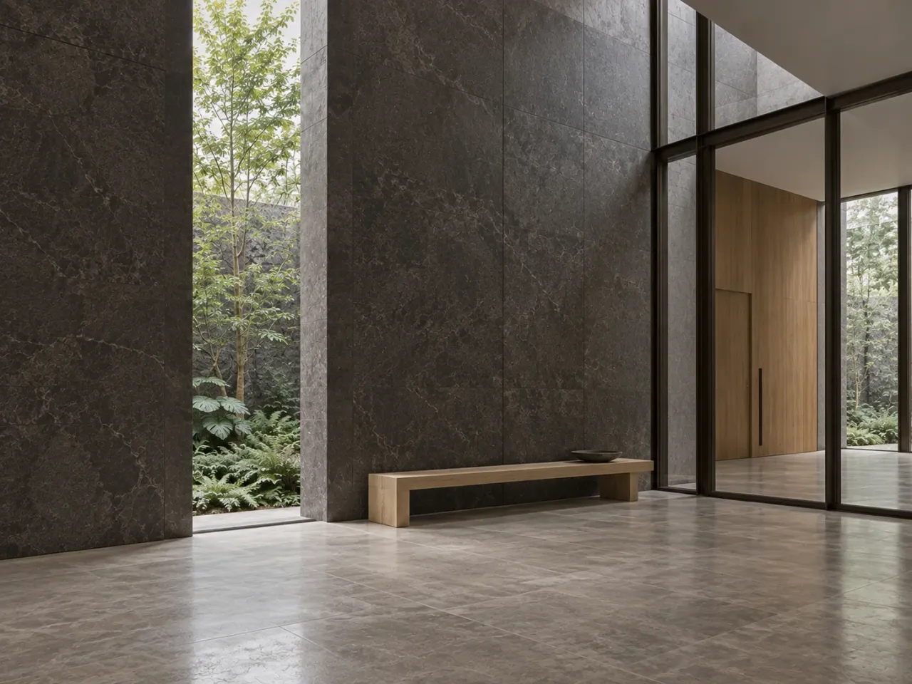 Verdant Kerf House concept render: The opposing gallery view shows the deep stone returns, garden slit, and pale oak bench