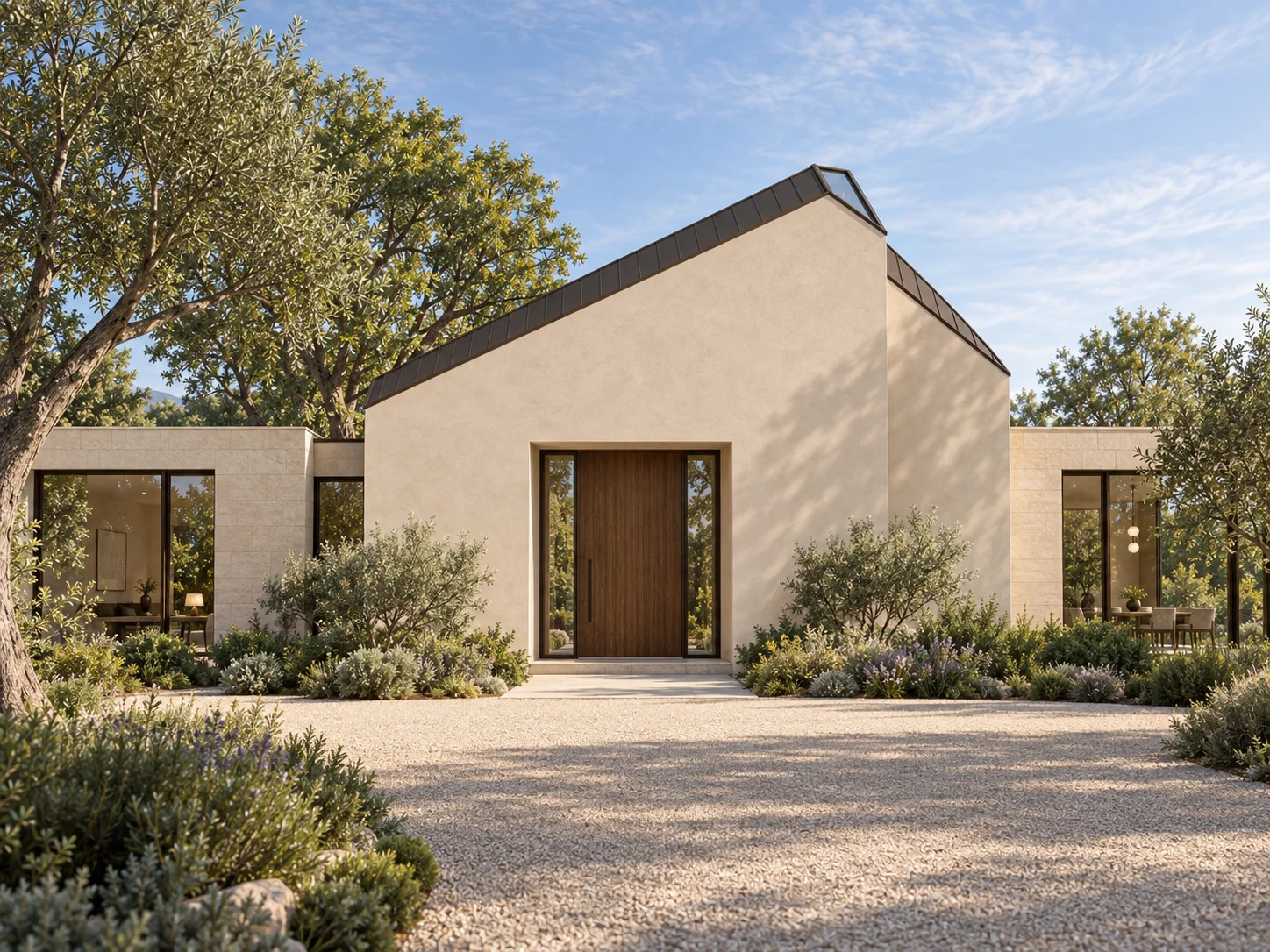 Lightfold Hall concept visualization: front elevation with an asymmetric central roof and recessed timber entrance
