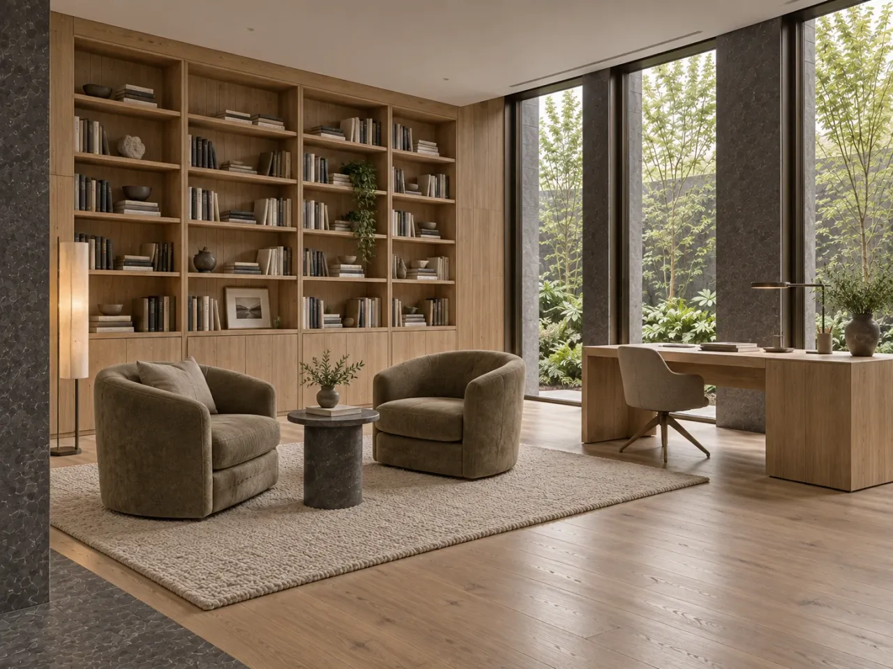 Verdant Kerf House concept render: Oak book wall, pale desk, and two rounded reading chairs sit beside garden windows