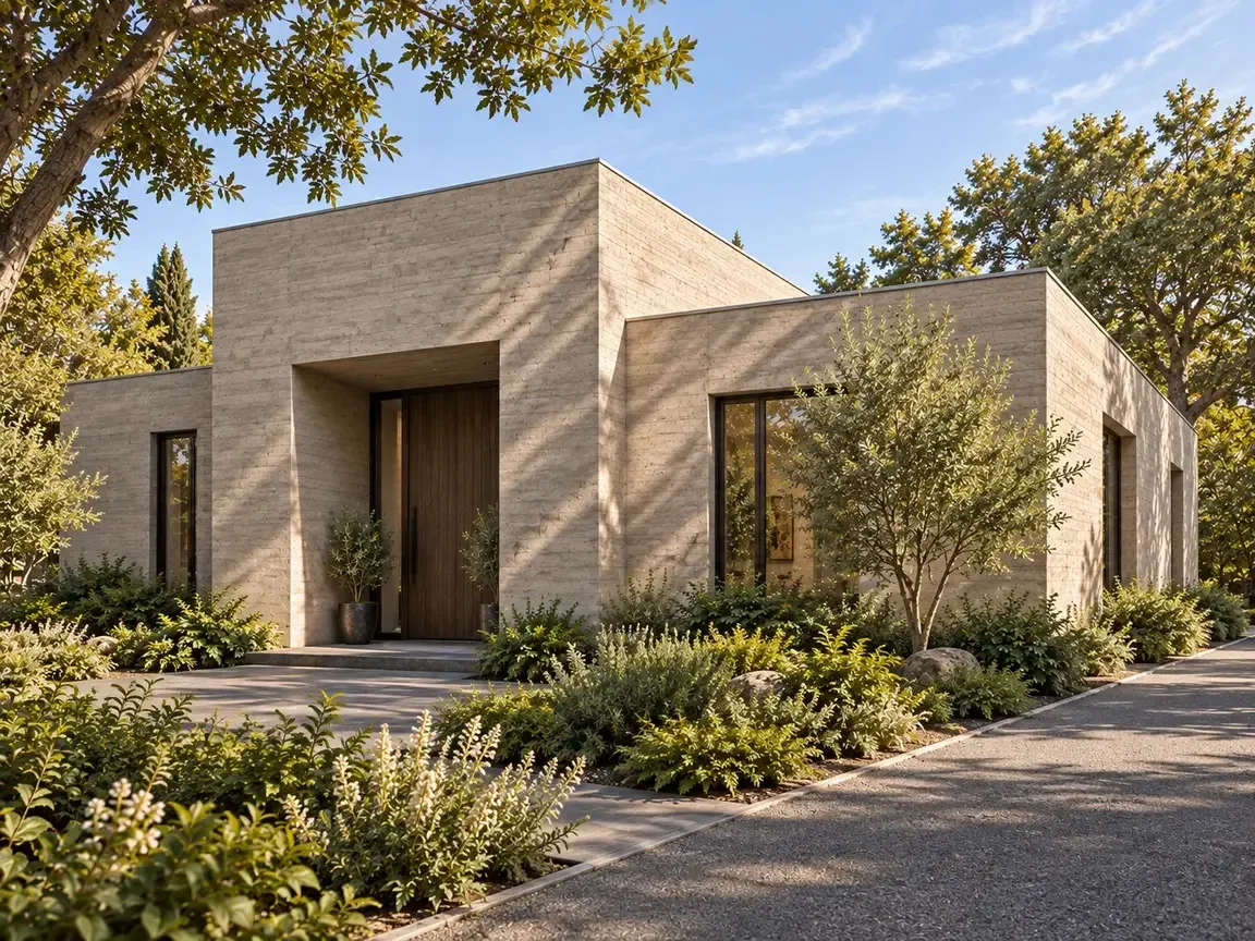 Three-quarter daylight concept render of the one-level residence from the street