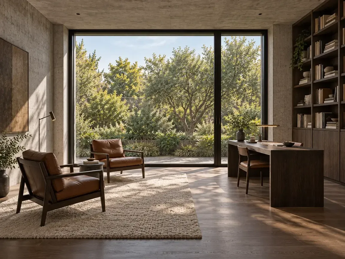 Concept render of the reading atelier with two leather chairs, oak desk and bookcase