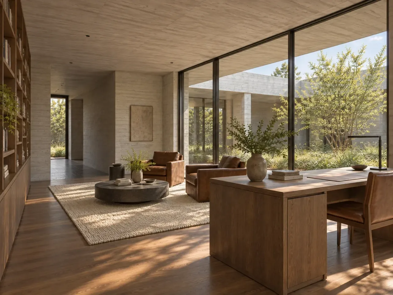 Concept render from the writing desk toward leather chairs and court glazing