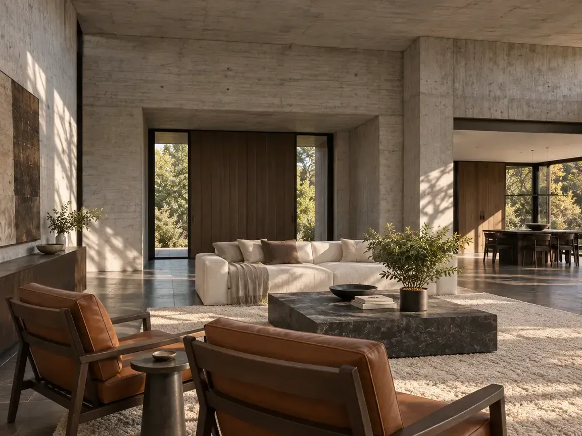 Opposing concept render of the Garden Salon toward the oak arrival portal and dining opening