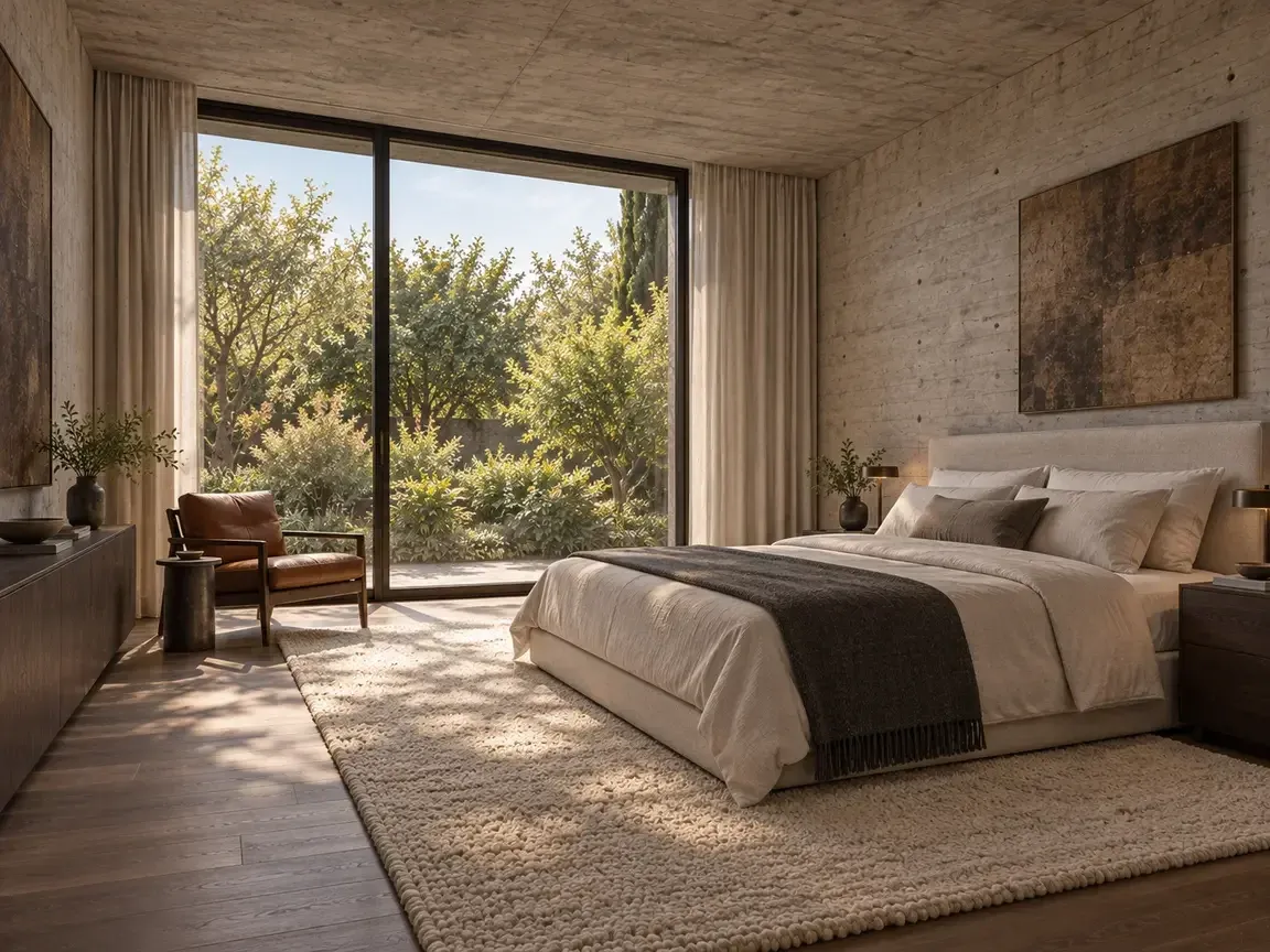 Concept render of the Rest Suite with upholstered bed and garden-facing chair