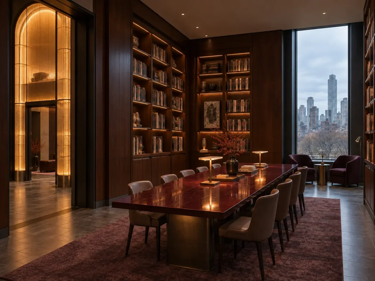 Opposing concept render of the library showing cherry bookcases, reading chairs and city glazing