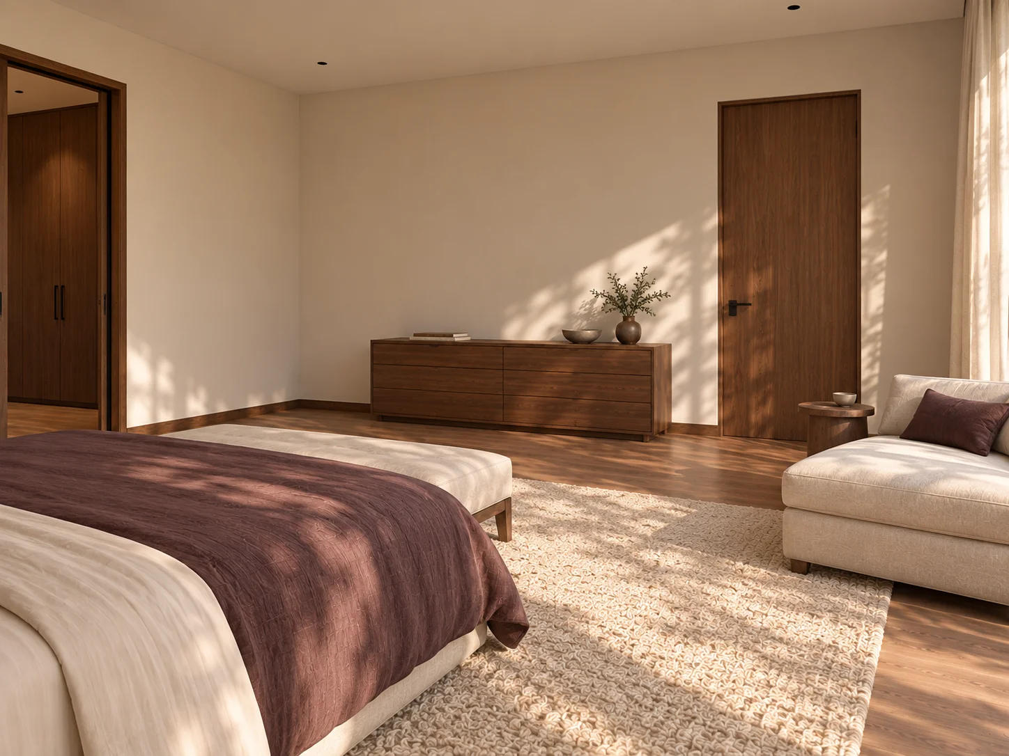 Lightfold Hall concept visualization: opposing bedroom view toward the dresser, entry and dressing doorway