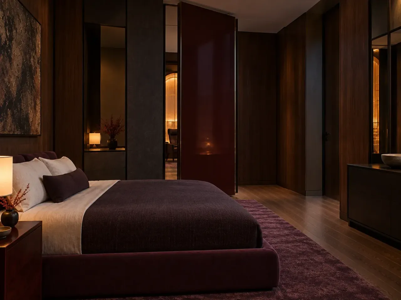 Opposing concept render of the Night Study Suite showing the bed, low cabinetry and pivot screen